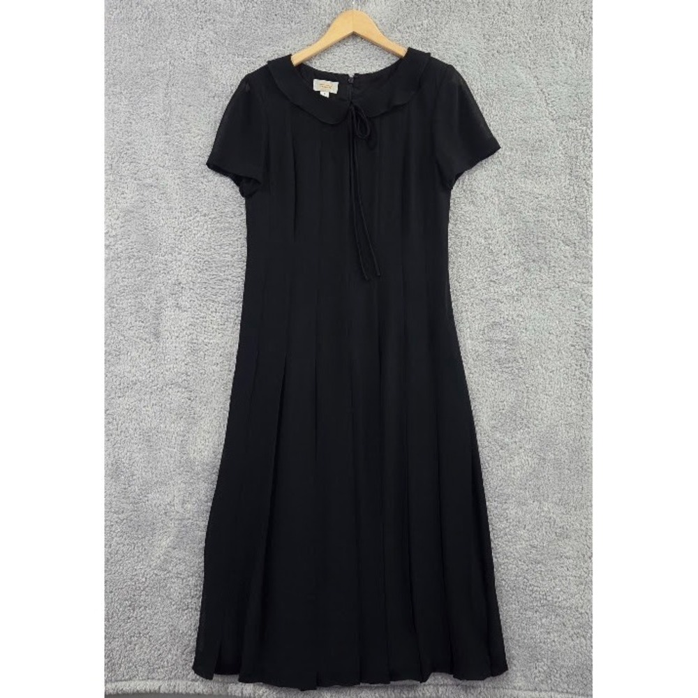 Vintage Talbots Black Tea Length Dress Size 8 Peter Pan Collar Tie Pleated Retro